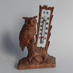 Thermomètre Hibou bois sculpté Art populaire Forêt Noire XIXe siècle
