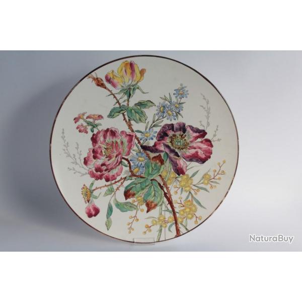 Grand plat fa�ence Longchamp terre de fer Fleurs Roses