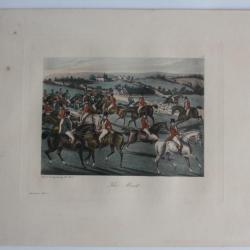 Gravure originale Charles Hunt The Meet Chasse à courre Chevaux