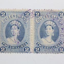 Timbres Colonie anglaise Queensland Victoria two shilling paire 1882