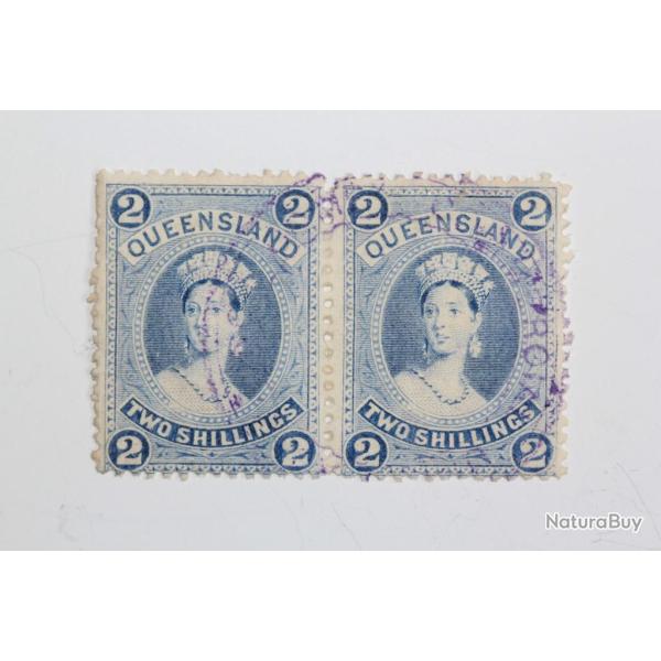 Timbres Colonie anglaise Queensland Victoria two shilling paire 1882