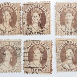 Timbres Colonie anglaise Queensland Victoria three pence 1869-1876
