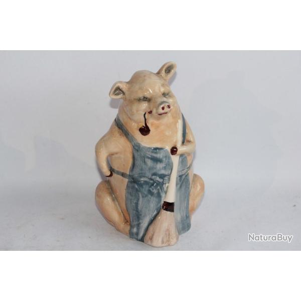 Grande tirelire barbotine zoomorphe Cochon fumeur de pipe
