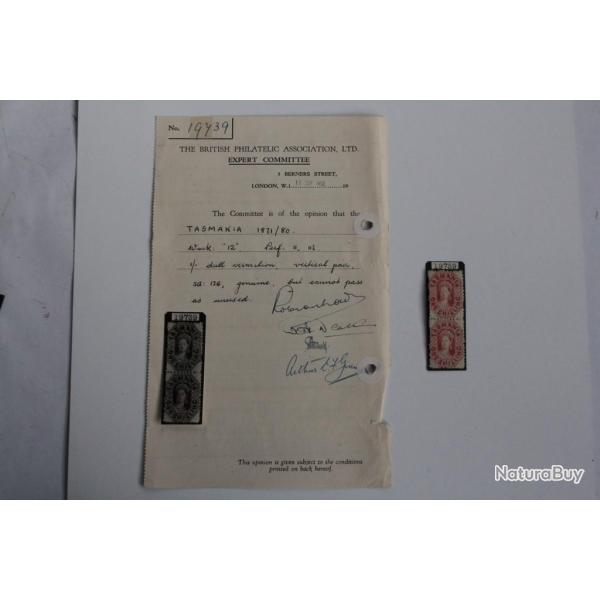 Timbres Tasmanie Victoria paire verticale one shilling 1864-1870