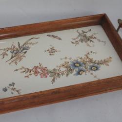 Plateau en bois et faïence Fleurs