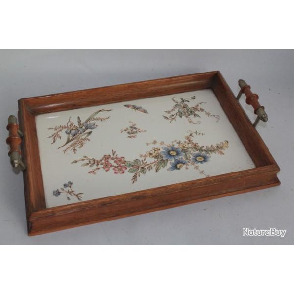 Plateau en bois et fa�ence Fleurs