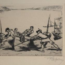 Gravure eau-forte originale Frederick HALPERN Pêcheurs Bateau