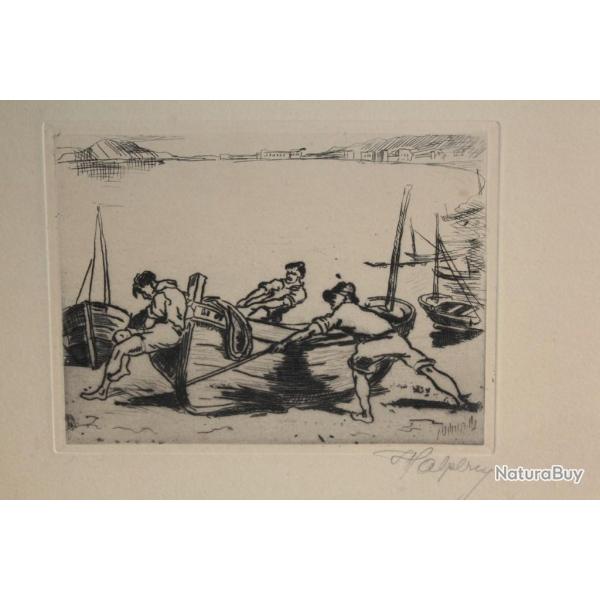 Gravure eau-forte originale Frederick HALPERN Pcheurs Bateau