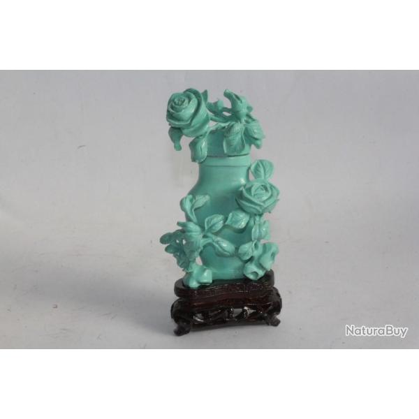 Petit vase couvert Turquoise sculpt�e Roses Chine