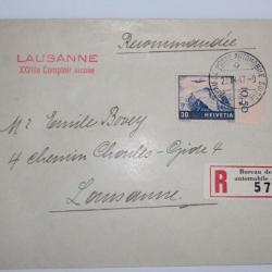 Timbre Suisse aérien sur enveloppe recommandé auto avec vignette 1947