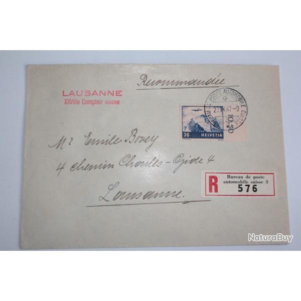 Timbre Suisse a�rien sur enveloppe recommand� auto avec vignette 1947