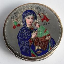 Ancienne custode à hostie émaux champlevé Vierge à l'enfant Religion