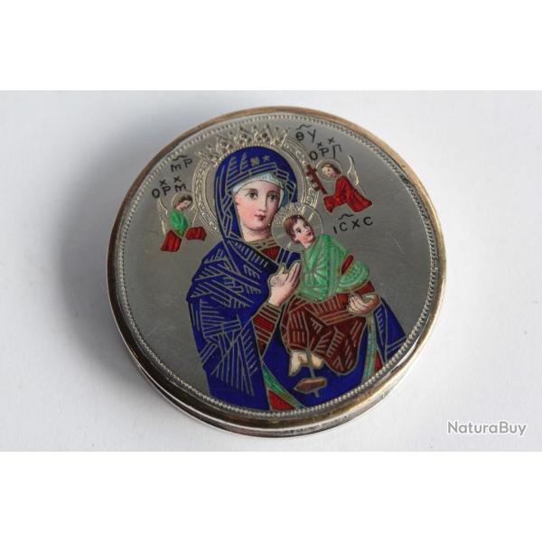 Ancienne custode � hostie �maux champlev� Vierge � l'enfant Religion