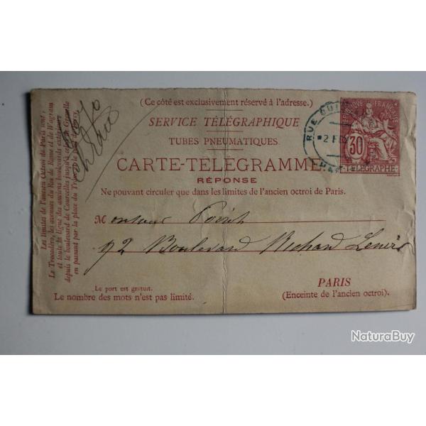 Carte r�ponse pneumatique T�l�gramme 30c rouge Paris