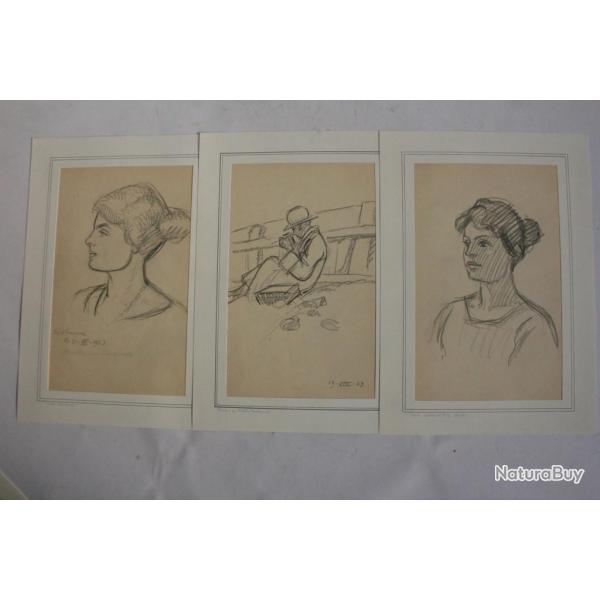 Dessins originaux Math. Lachenal 1923 Portraits de Marthe Eastbourne