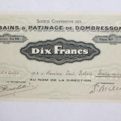 Part sociale Action Société Bains et Patinage Dombresson Suisse 1918