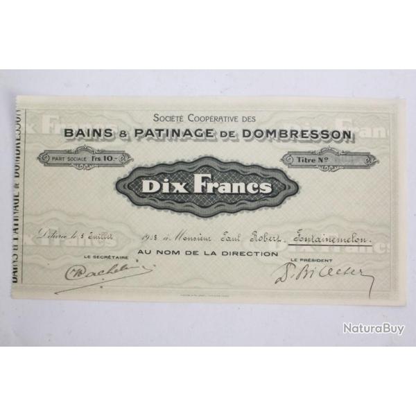 Part sociale Action Soci�t� Bains et Patinage Dombresson Suisse 1918