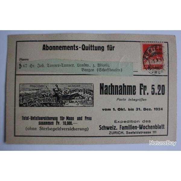 Abonnements Quittung f�r nachnahme 5.20 fr Suisse 1924