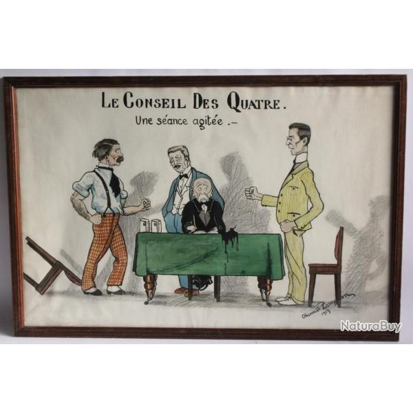 Dessin Caricature Conseil des quatre Clemenceau Woodrow Guerre 1919