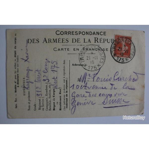 Franchise militaire CPMF semeuse  WW1 1915 Suisse