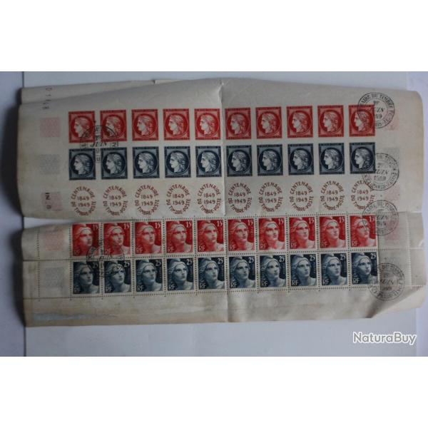 Feuilles Timbres France centenaire du timbre 1949 affranchies