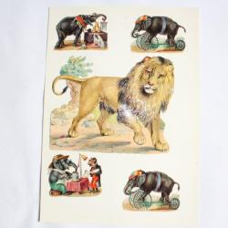 Images chromos gaufrés découpés Cirque Éléphants Lion 1890