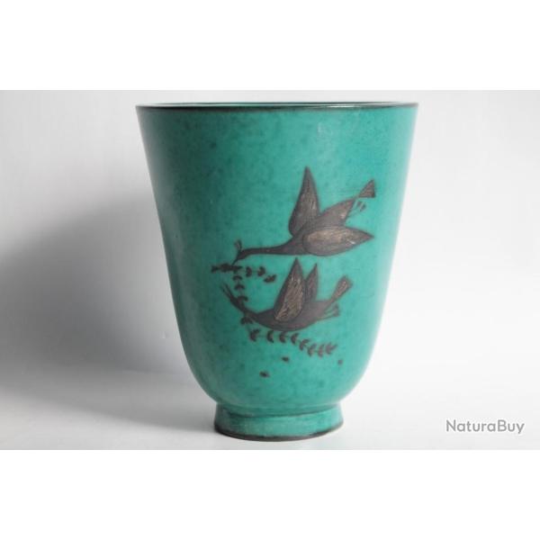 Vase c�ramique Wilhelm K�ge Gustavsberg Argenta oiseaux Su�de