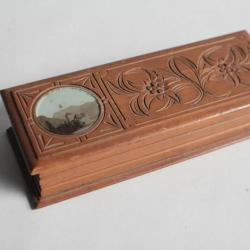 Boîte bois peint et sculpté Château Chillon et Edelweiss Suisse