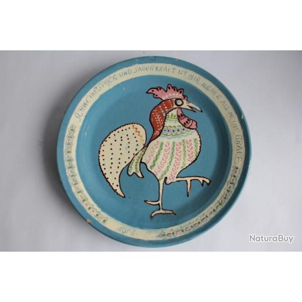 Plat c�ramique �maux de Thoune Coq 1906 Suisse