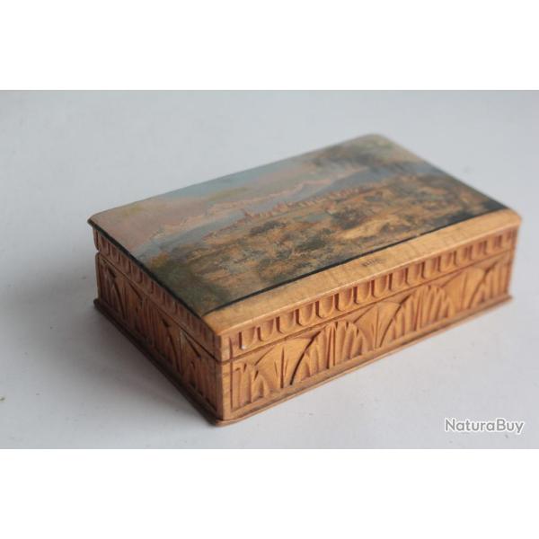 Boite en bois peint paysage Souvenir Montagne Suisse 1850