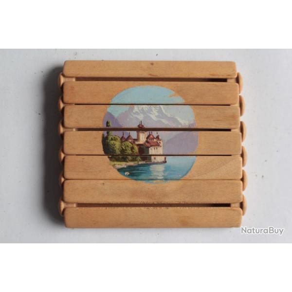 Boite  cigarette bois peint Chteau Chillon Lac Alpes Suisse