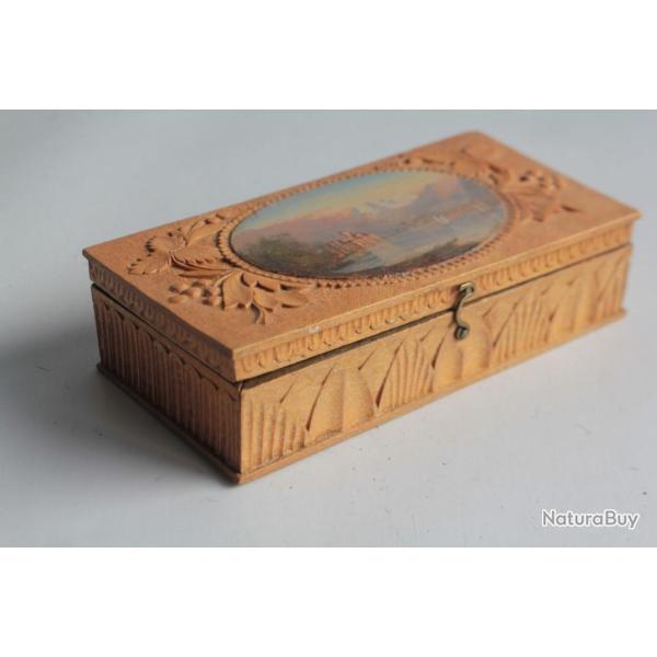 Boite en bois peint paysage Souvenir ch�teau de Chillon Alpes Lac Suisse