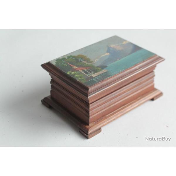 Boite en bois peint paysage Souvenir chapelle de tell Alpes Lac Suisse