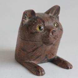 Encrier Tête Chat bois sculpté Art populaire Suisse Forêt Noire
