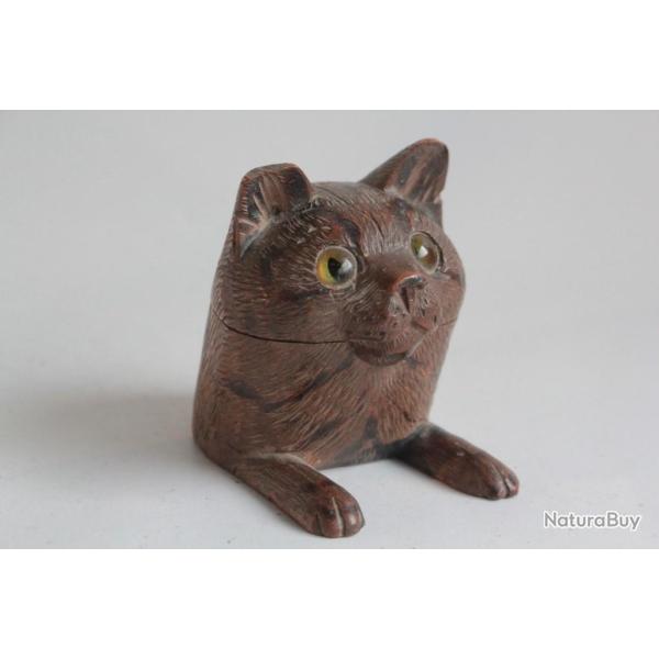 Encrier T�te Chat bois sculpt� Art populaire Suisse For�t Noire