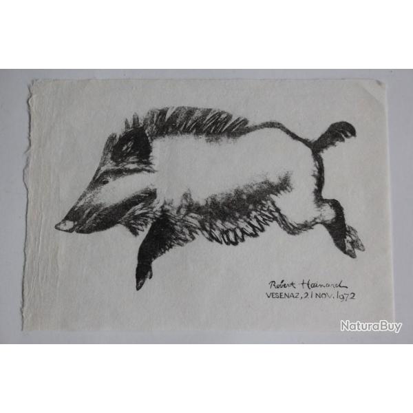 Robert HAINARD Gravure sur bois Sanglier Vsenaz 21 nov 1972