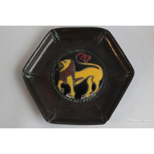 PIERRE CARREL Dinanderie �maill�e Lion Art d�co