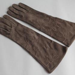 HERMES Gants longs cuir marron brodés