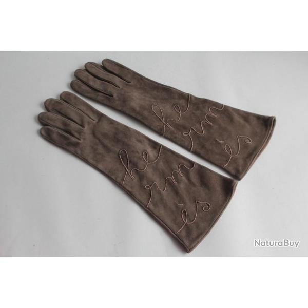 HERMES Gants longs cuir marron brod�s