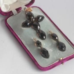Parure Croix Or 18 K Quartz fumé Boucles d'oreilles XIXe siècle