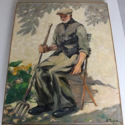 Peinture à l'huile sur toile Roger PIERHOL 1946 Vieux Jardinier