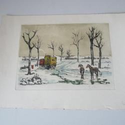 Gravure Originale Chevaux en hiver