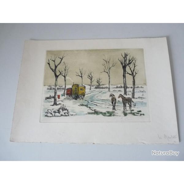 Gravure Originale Chevaux en hiver