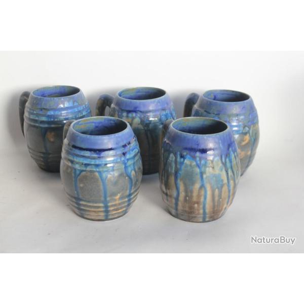 5 Tasses Chopes gr�s bleu Gilbert M�t�nier Gannat