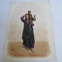 Peinture aquarelle Le Caire  Fellahine et son enfant