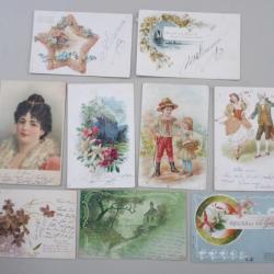 9 CPA Fantaisie Perles de verre Fleurs Femme Gruss Carte Postale