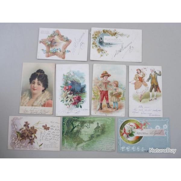 9 CPA Fantaisie Perles de verre Fleurs Femme Gruss Carte Postale