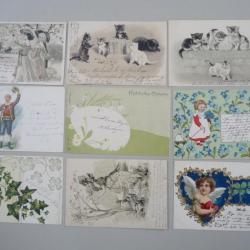 9 CPA Fantaisie Relief Fleurs Chat Carte Postale