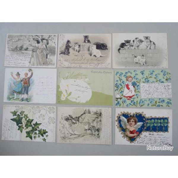 9 CPA Fantaisie Relief Fleurs Chat Carte Postale