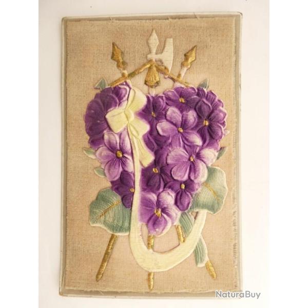 CPA illustr�e Fleur d�cor Violettes feutrine et broderie Carte Postale